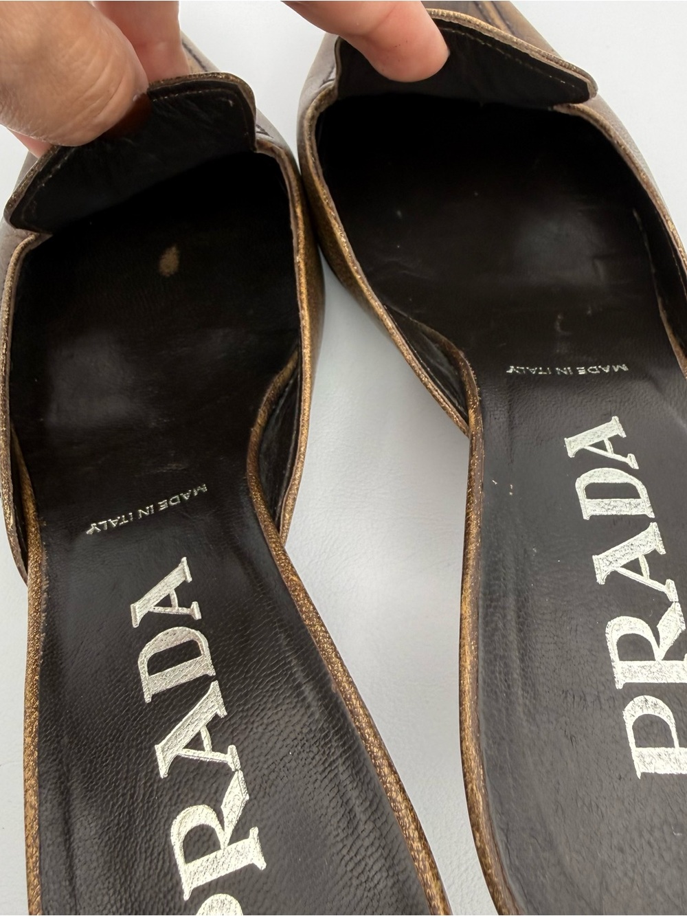 Vintage Prada Bronze Brown Leather Kitten Heel Mule Slides Sz 35.5 Made in Italy - Picture 13 of 17